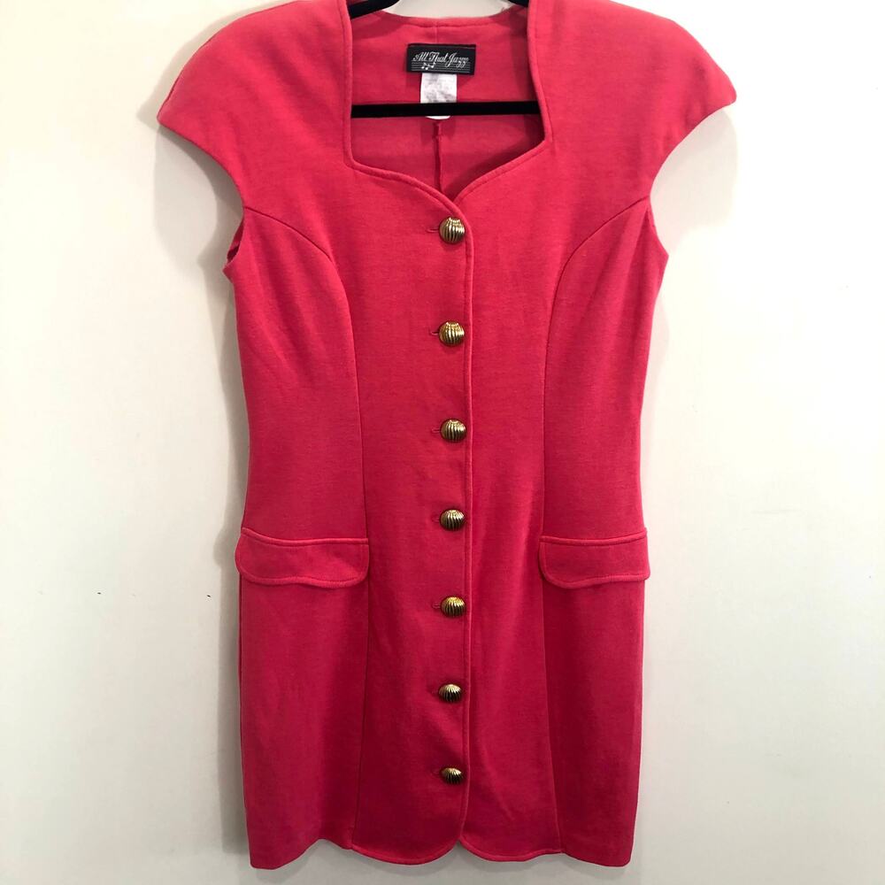 Vintage 90s Hot Pink Barbie Button Front Size 10 Pockets Shift Dress